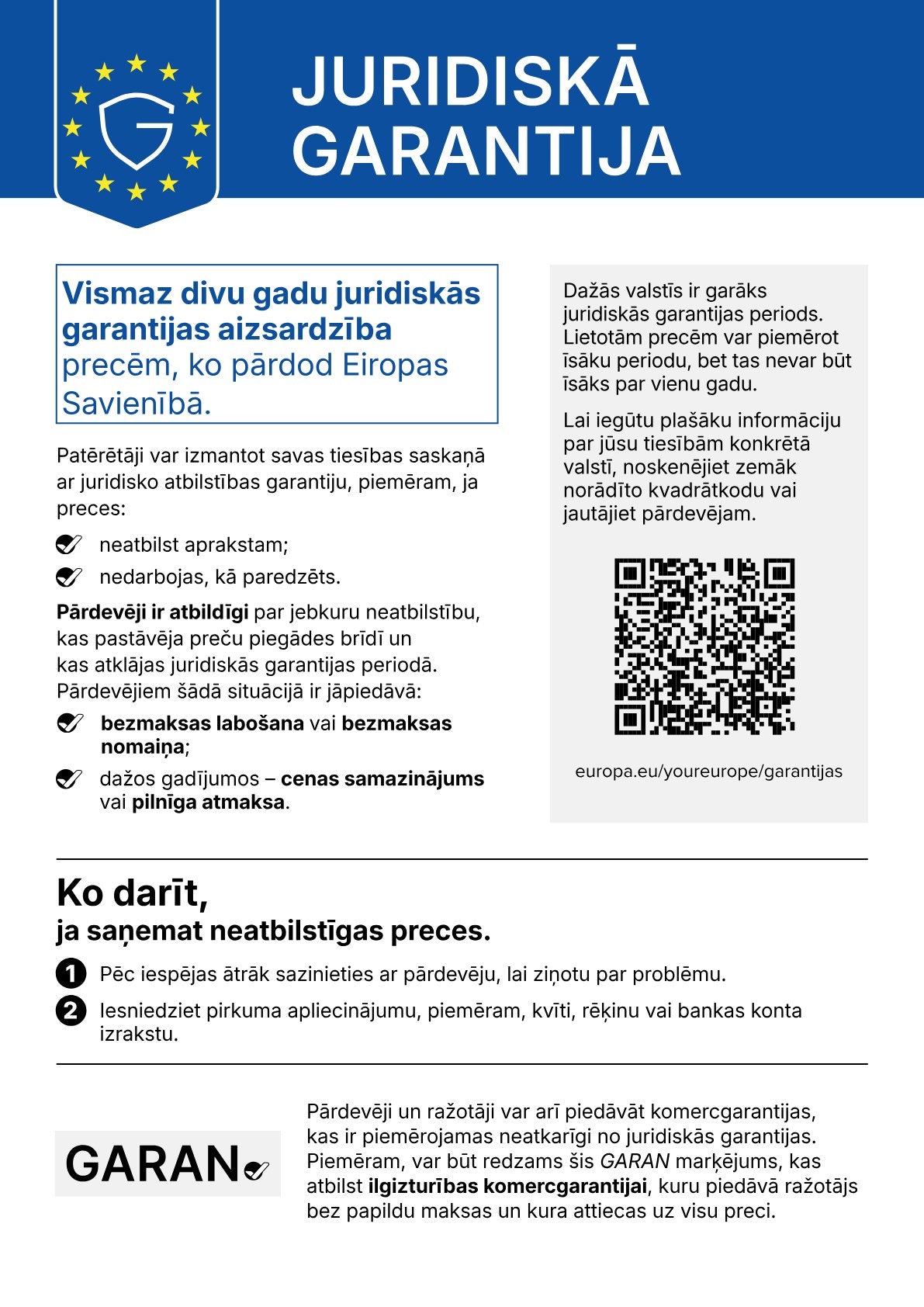 ES saskaņotais paziņojums: Juridiskā garantija. Vismaz divu gadu juridiskās garantijas aizsardzība precēm, ko pārdod Eiropas Savienībā